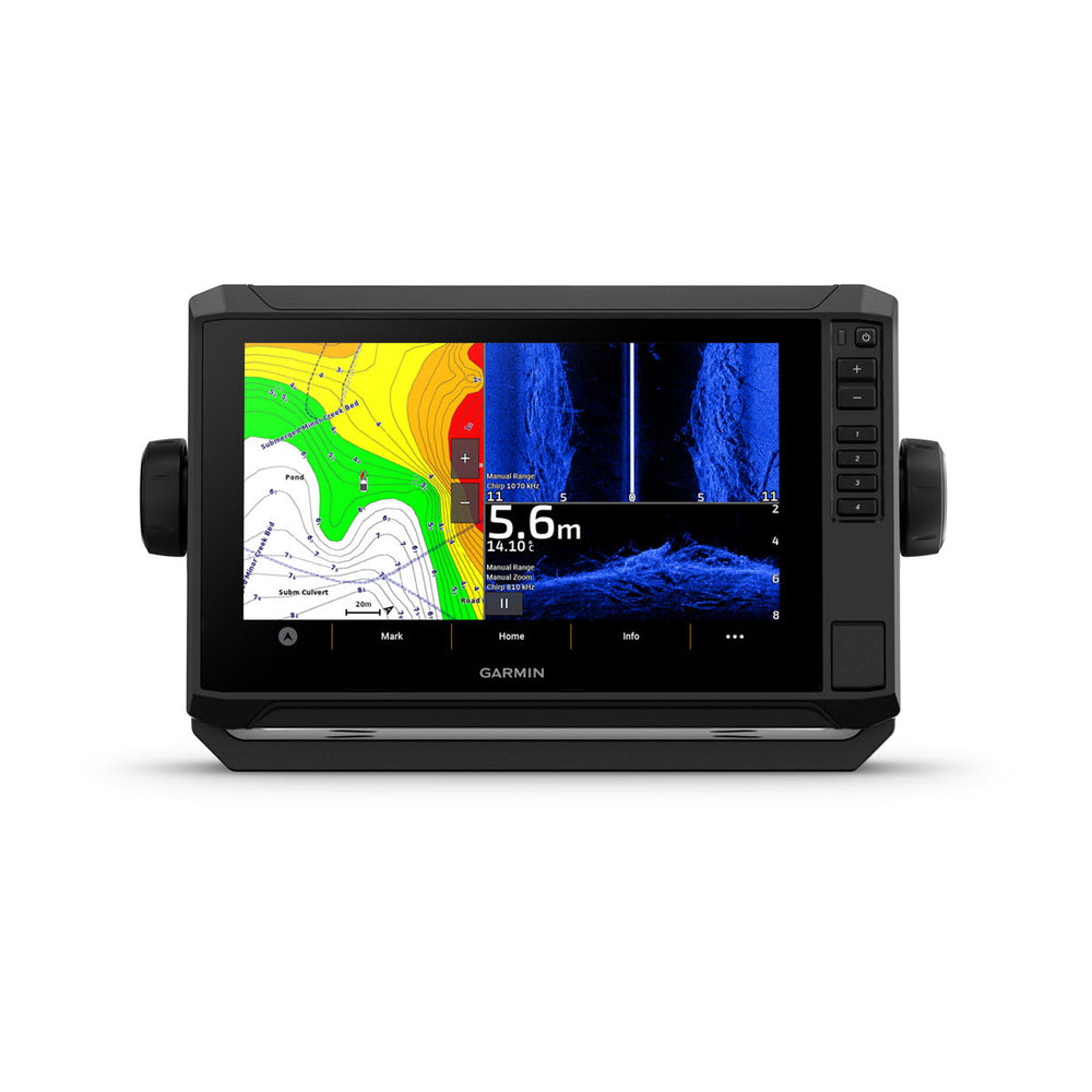 Garmin ECHOMAP UHD2 95sv displaying a split screen of chart and sonar