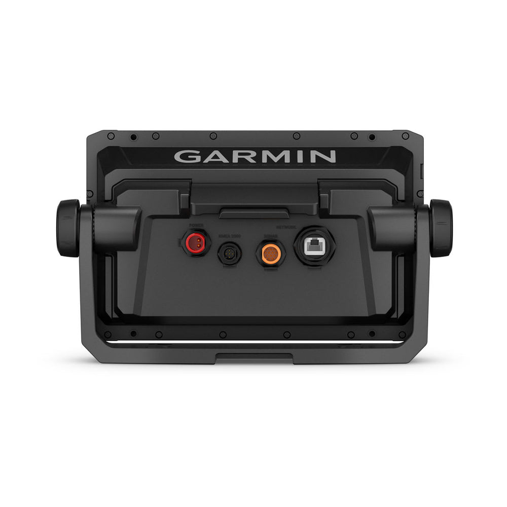 Rear panel of the Garmin ECHOMAP UHD2 95sv showing the power, NMEA 2000, transducer and Marine Network ports