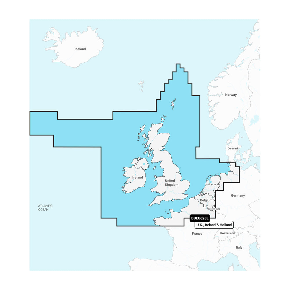 Garmin Navionics+ UK and Ireland chart coverage area, preloaded on the ECHOMAP UHD2 95sv