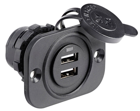 Osculati USB socket made of nylon and fit with protection cap to make them waterproof. 12-24V input, 5V USB output.