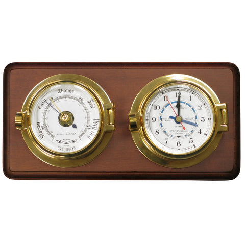 RoyalMarine3inchBrassBarometerandTideClockmountedonwood180362000